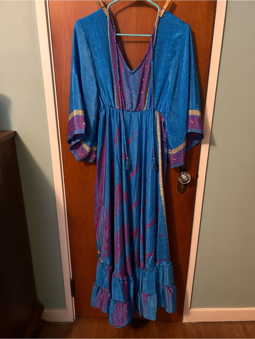 Boho V-Neck Maxi Dress in Blue and Purple with Tassel Tie